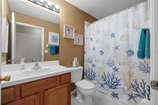 full bathroom featuring tile patterned flooring, curtained shower, vanity, and toilet