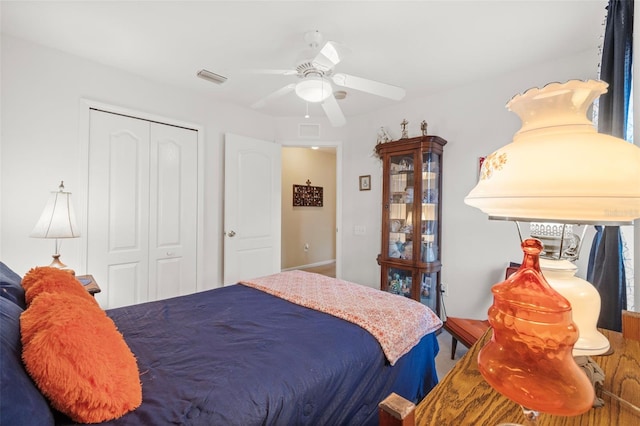 bedroom featuring ceiling fan, a closet, and visible vents