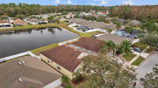 aerial view with a water view and a residential view