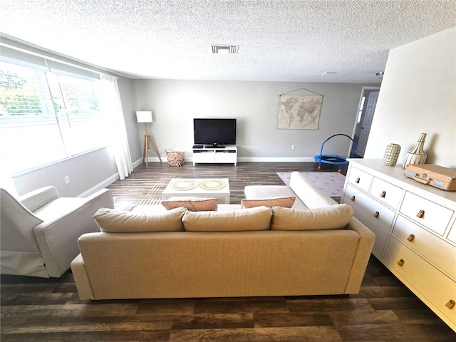 living room with a textured ceiling and dark wood-type flooring