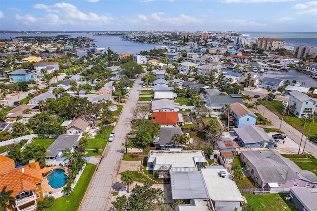 drone / aerial view with a water view