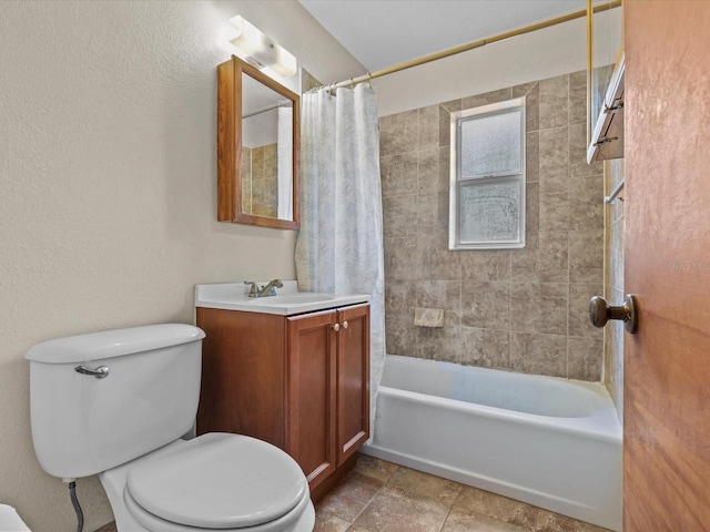 full bathroom featuring toilet, vanity, and shower / bath combination with curtain