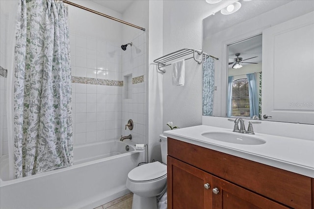 full bathroom featuring toilet, vanity, shower / bath combo, and tile patterned flooring