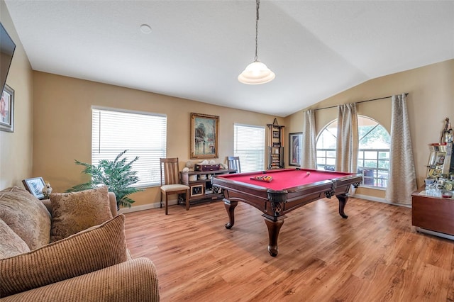 rec room featuring light wood-type flooring, lofted ceiling, and pool table