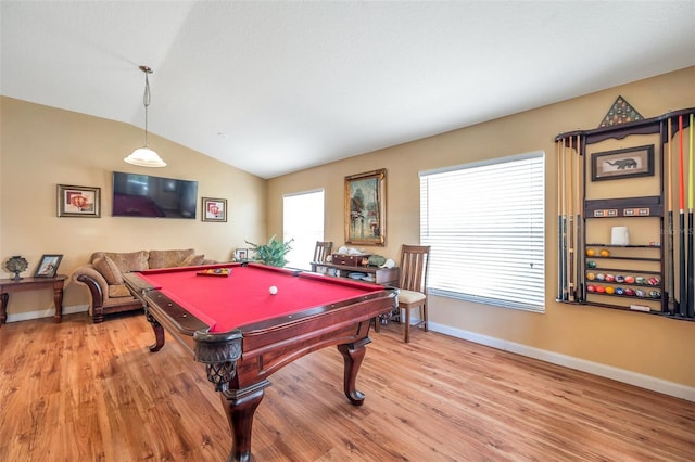 recreation room featuring hardwood / wood-style flooring, pool table, and lofted ceiling