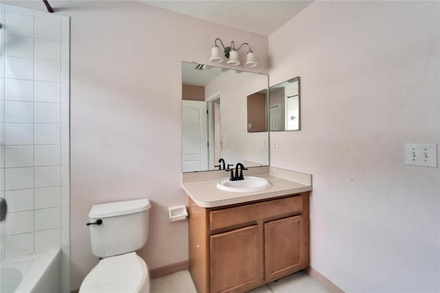 full bathroom featuring a textured ceiling, tile patterned flooring, vanity, shower / washtub combination, and toilet