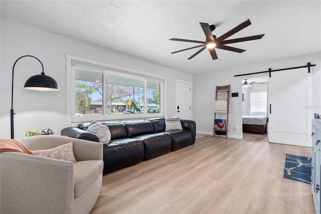 living room with a textured ceiling, a wealth of natural light, light hardwood / wood-style floors, and a barn door