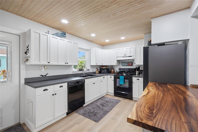 kitchen featuring white cabinetry, wood ceiling, light hardwood / wood-style floors, black appliances, and sink