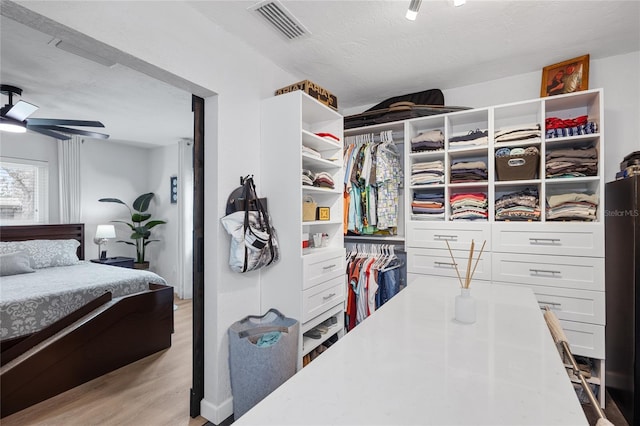 walk in closet featuring light wood-type flooring and ceiling fan