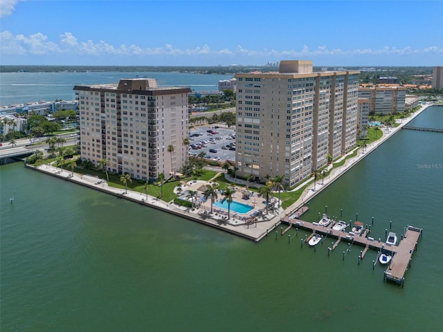 aerial view featuring a water view