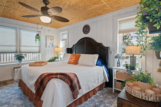 bedroom with ceiling fan, wood walls, and wood ceiling