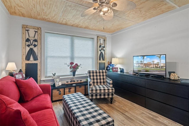 interior space with ceiling fan, wood-type flooring, and wood ceiling