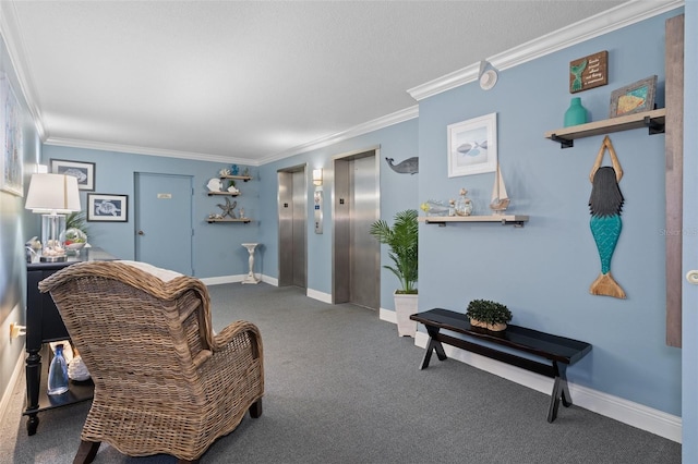 sitting room with carpet flooring, crown molding, and elevator