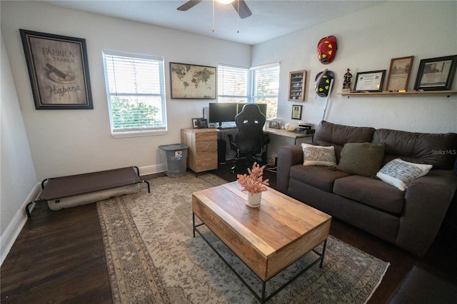 living room featuring ceiling fan, a healthy amount of sunlight, and hardwood / wood-style floors