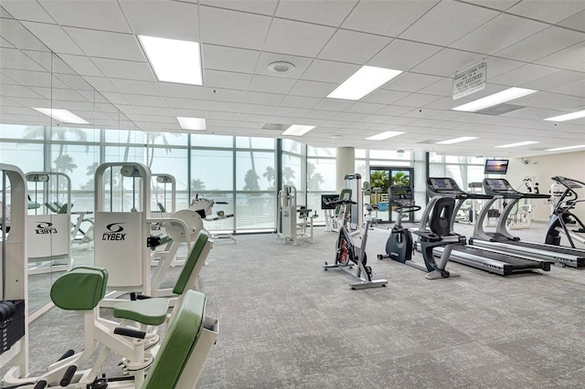 exercise room with a wall of windows and a paneled ceiling