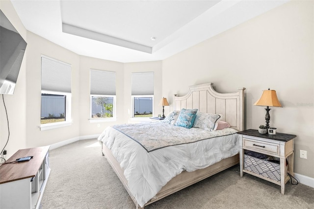 bedroom featuring light carpet and a raised ceiling