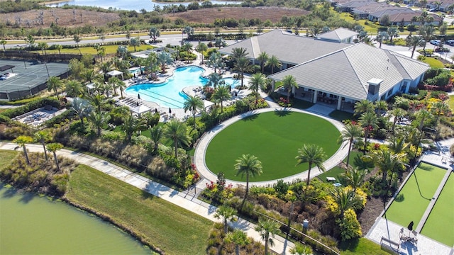 bird's eye view with a water view