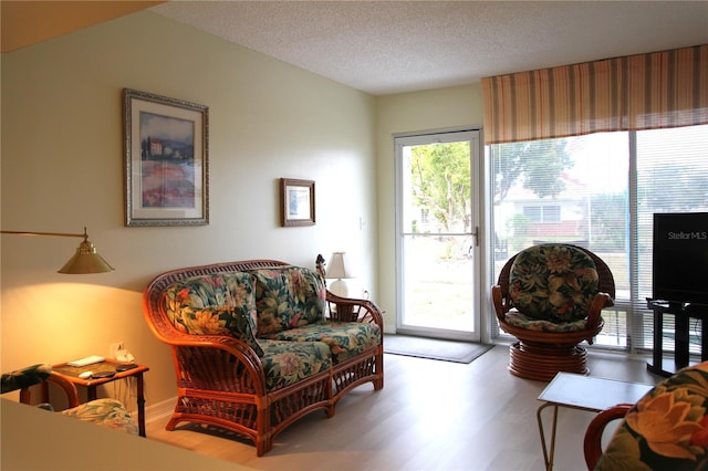 sitting room featuring a textured ceiling and hardwood / wood-style floors