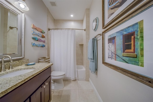 full bathroom featuring toilet, tile patterned flooring, shower / bath combination with curtain, and vanity