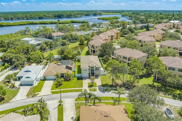 bird's eye view with a water view