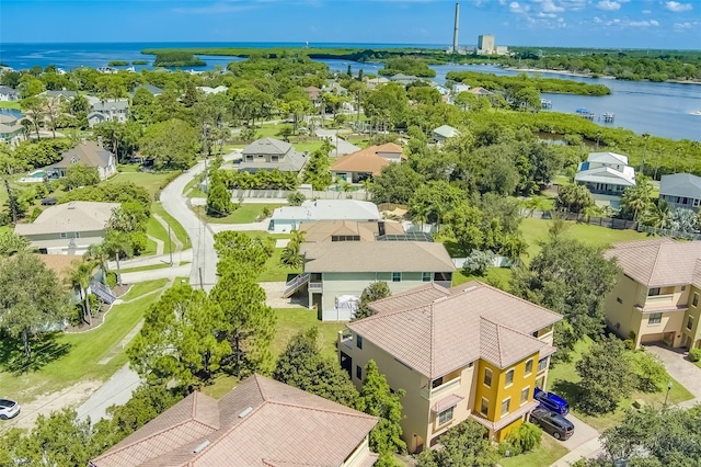 bird's eye view with a water view