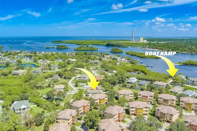 drone / aerial view featuring a water view