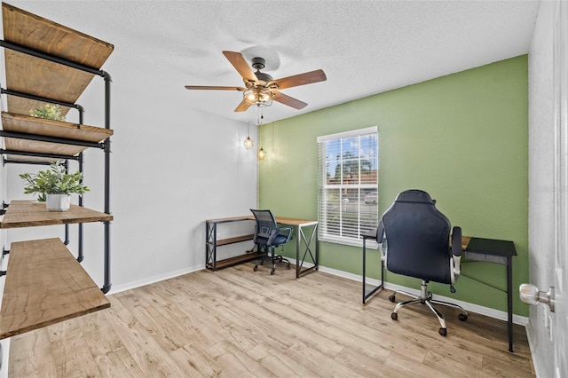 office area featuring a textured ceiling, ceiling fan, and light hardwood / wood-style flooring