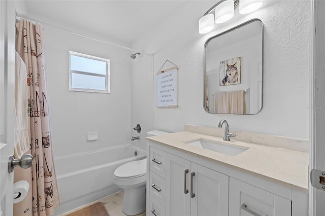 full bathroom featuring shower / tub combo, vanity, and toilet