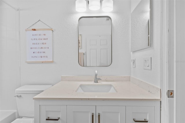 full bathroom featuring toilet, vanity, and shower / tub combination