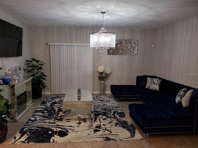 living room featuring an inviting chandelier