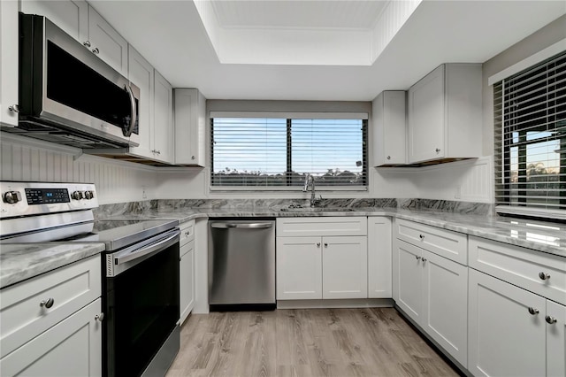 kitchen featuring white cabinets, stainless steel appliances, light stone countertops, a tray ceiling, and sink