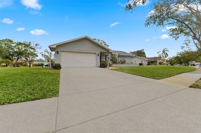 ranch-style house with a front yard and a garage