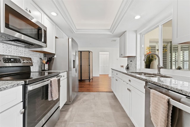 kitchen with sink, a tray ceiling, appliances with stainless steel finishes, white cabinets, and light stone counters