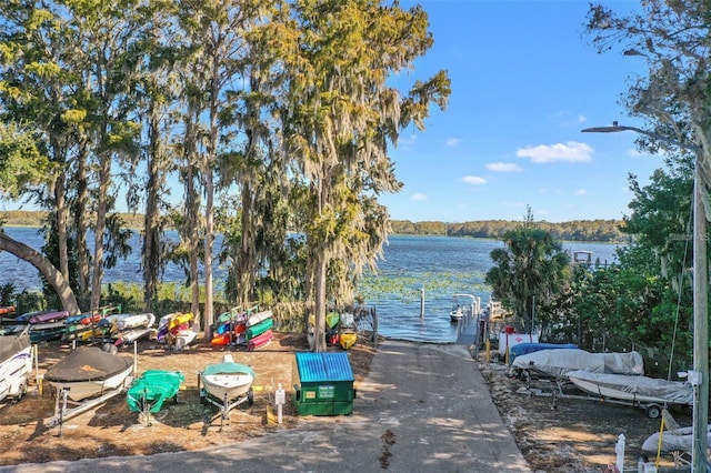 exterior space with a water view