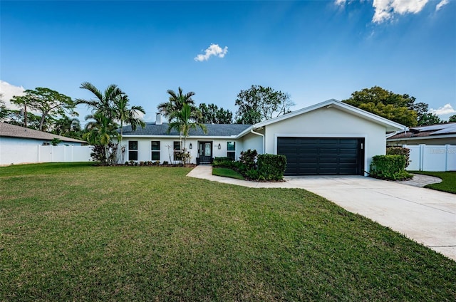 single story home with a front yard and a garage