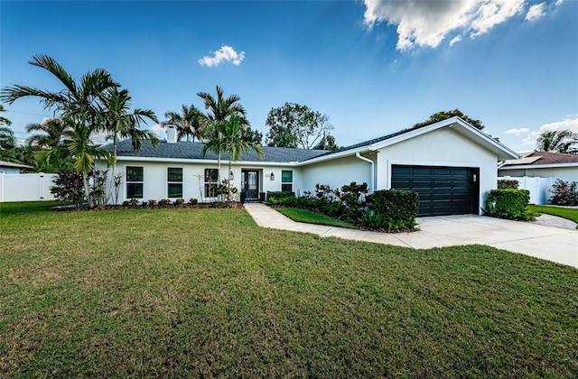 ranch-style house with a front lawn and a garage