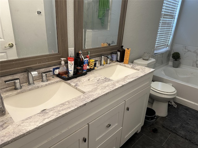 bathroom featuring a tub to relax in, tile patterned flooring, vanity, and toilet