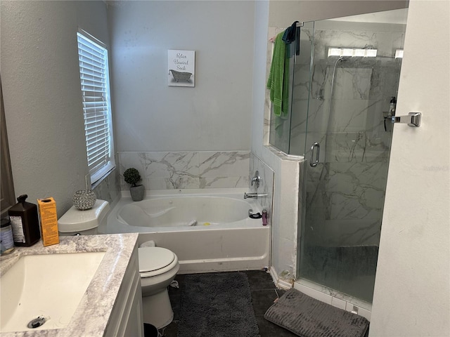 full bathroom with tile patterned floors, plus walk in shower, vanity, and toilet