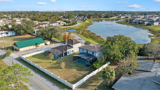 drone / aerial view with a water view