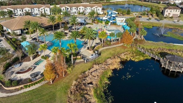 bird's eye view with a water view