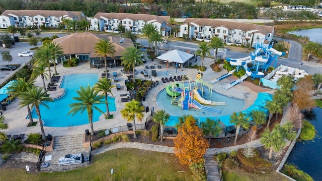 bird's eye view with a water view