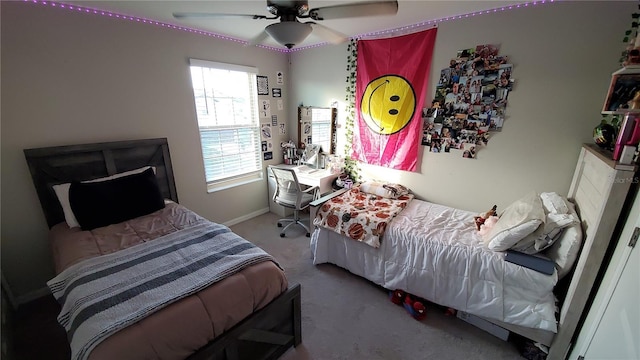 carpeted bedroom with ceiling fan