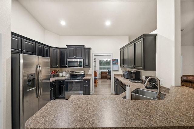 kitchen featuring stainless steel appliances, wood-type flooring, sink, and kitchen peninsula