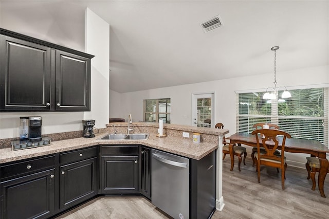 kitchen featuring a healthy amount of sunlight, sink, stainless steel dishwasher, and kitchen peninsula