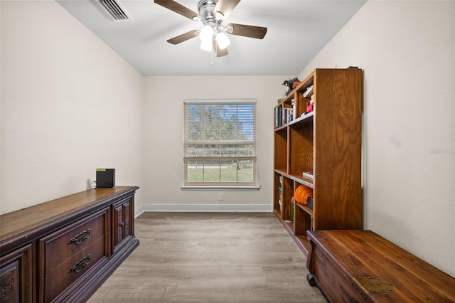 interior space featuring light hardwood / wood-style flooring and ceiling fan