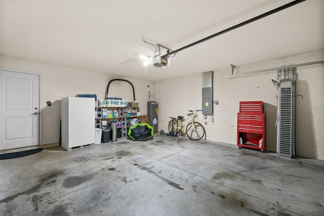 garage featuring a garage door opener, electric panel, electric water heater, and white fridge