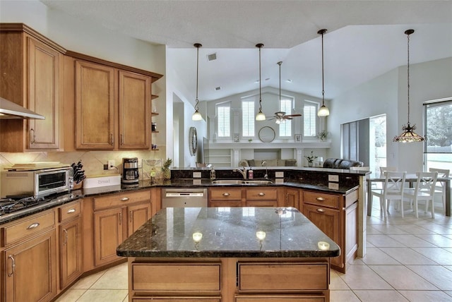 kitchen with lofted ceiling, ceiling fan, dishwasher, dark stone countertops, and hanging light fixtures