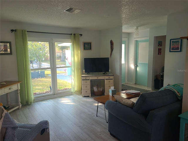 living room with a textured ceiling and light hardwood / wood-style flooring