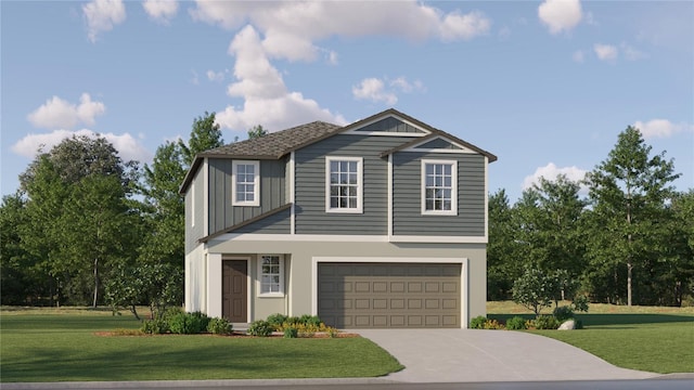 view of front facade with a front yard and a garage