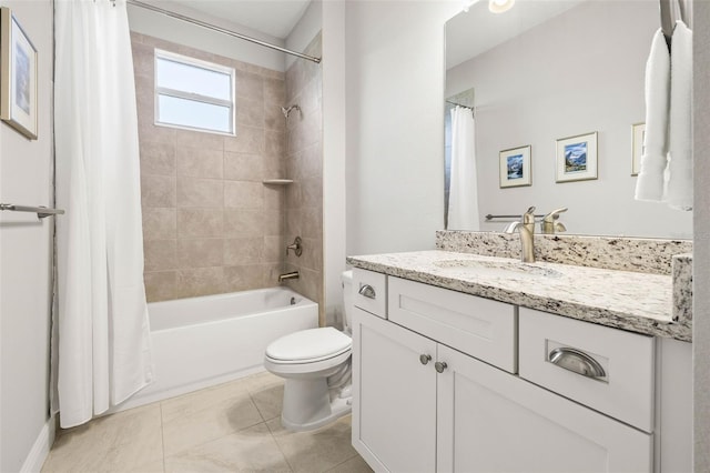 full bathroom with toilet, tile patterned flooring, vanity, and shower / tub combo with curtain